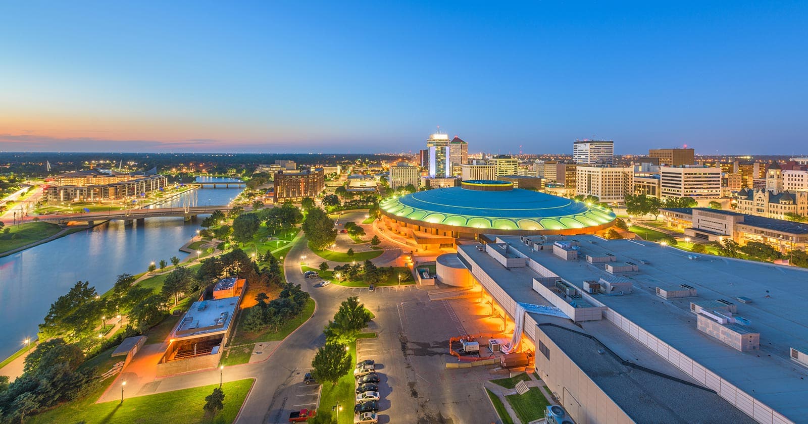 The Wichita, Kansas skyline at dusk